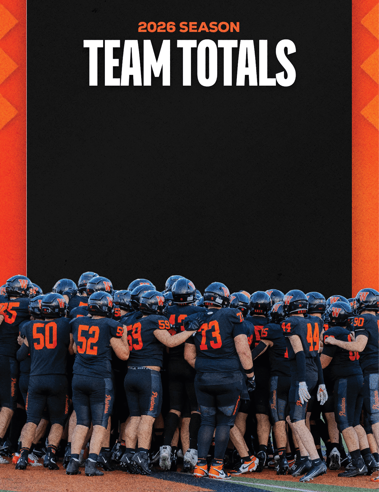 A group of people wearing black and orange football uniforms huddle together beneath the text “2026 Season Team Totals" on a black and orange background. Description generated by AI