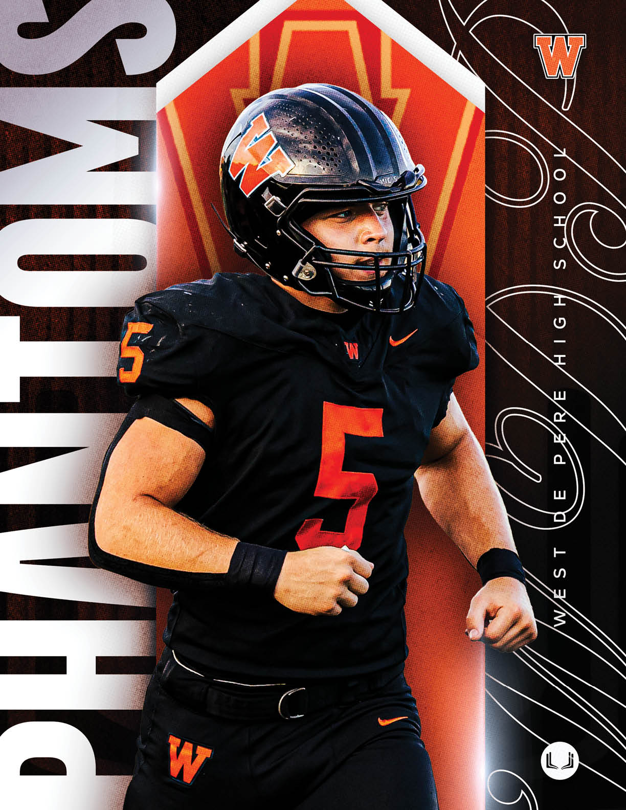 A person wearing a football helmet with a large “W" logo is adjusting the faceguard, framed by an orange torn paper effect with the text "West De Pere" and "Story of the Season." Description generated by AI