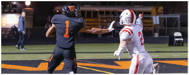 Two people in football uniforms are on a field with one person reaching out toward the other who is running. Description generated by AI