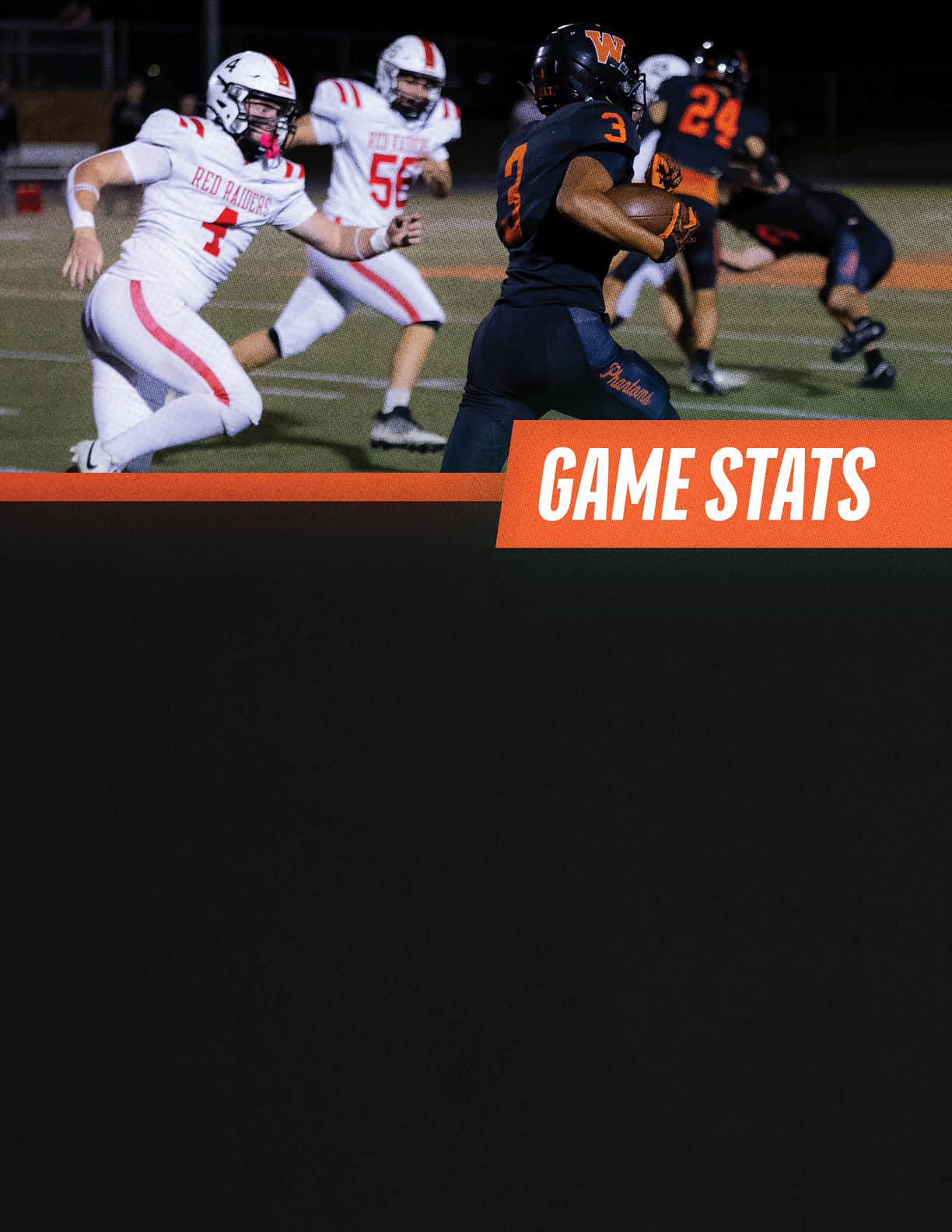 People in football uniforms are playing on a field at night with one person running with the ball while others chase. Description generated by AI