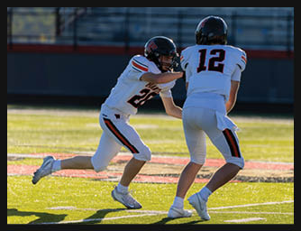 An adult wearing a white sports uniform with the number 20 is running on a grassy field while holding a football. Description generated by AI