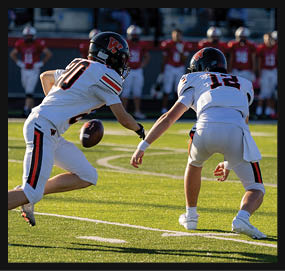 Two people in white football uniforms with black helmets are on a field, with one handing off a football to the other during a game. Description generated by AI