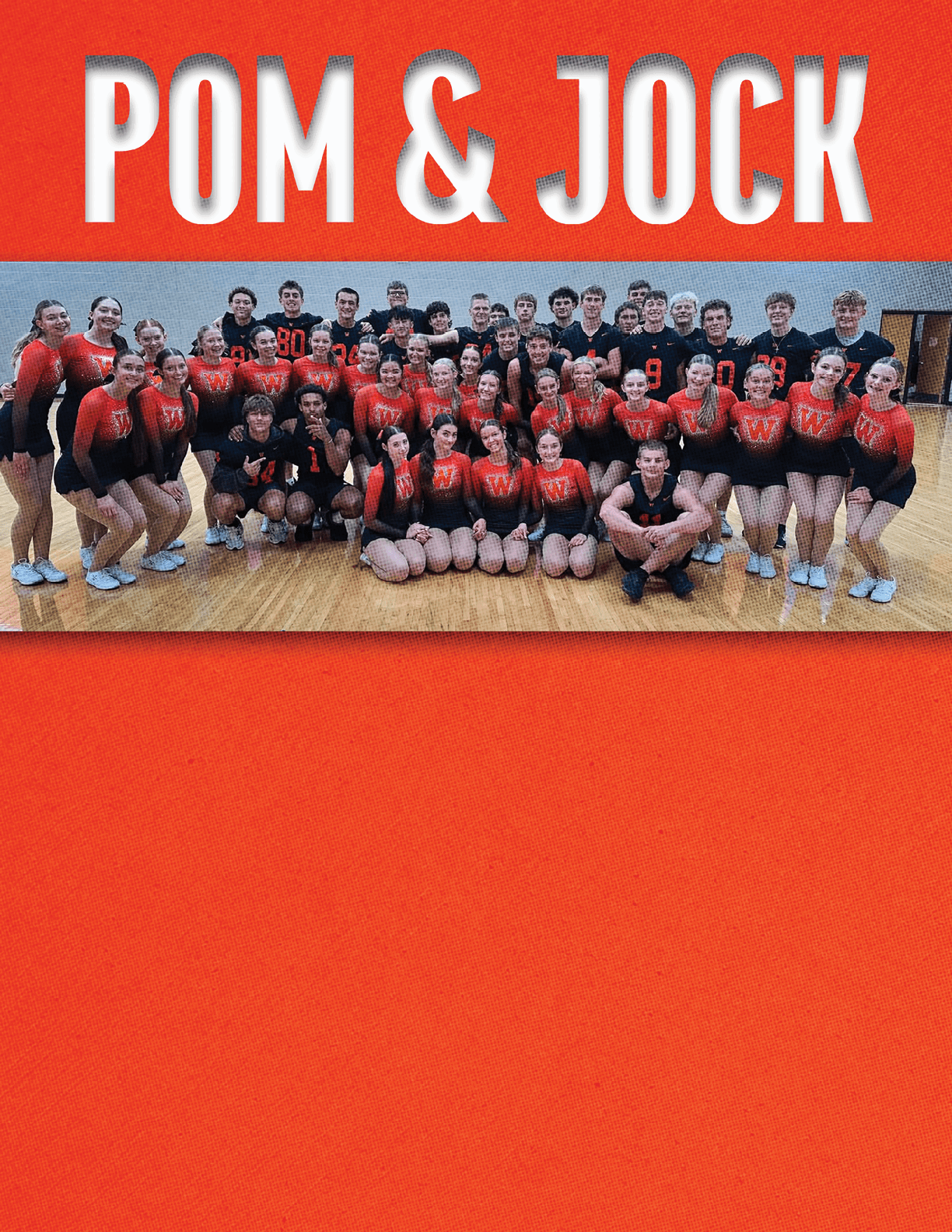 A large group of people wearing coordinated athletic outfits pose together on a gymnasium floor under the bold title Pom & Jock. Description generated by AI