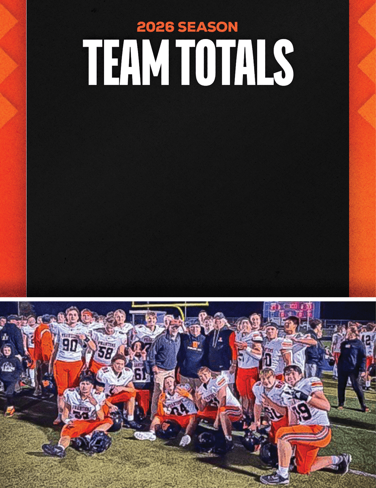 A group of people wearing orange and white sports uniforms pose together on a football field under stadium lights. Description generated by AI
