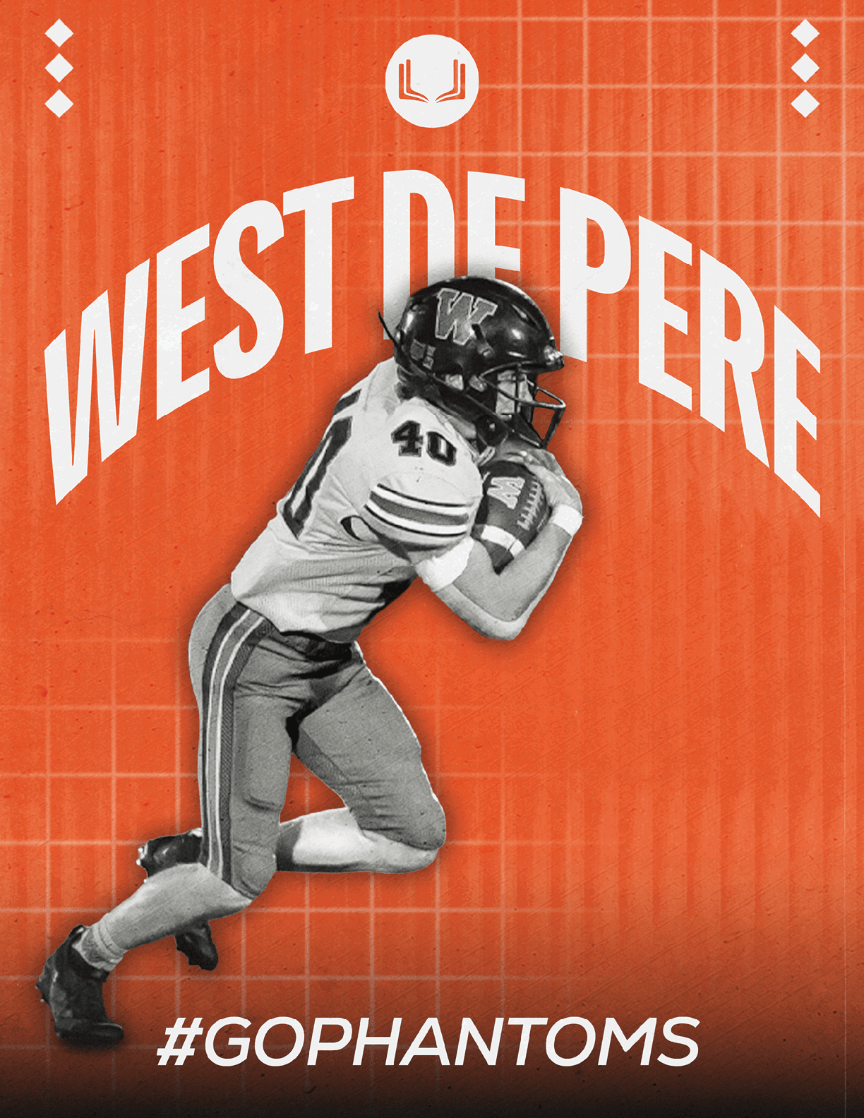 A person in a football uniform and helmet is running with a football against an orange background with the text “WEST DE PERE" and "#GOPHANTOMS." Description generated by AI
