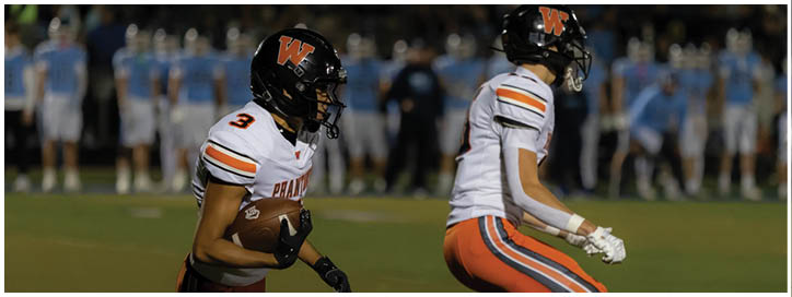 Two people in football uniforms are on a field, one holding a football and the other running beside them. Description generated by AI
