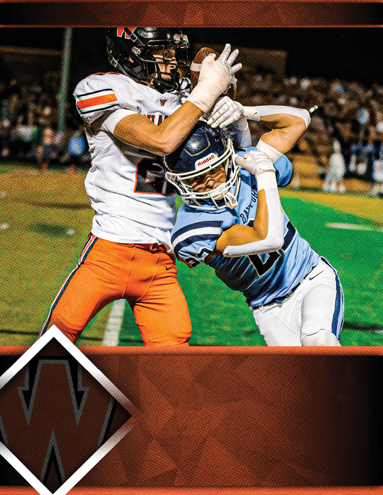 Two people in football uniforms are engaged in a physical play on a field, with one person in orange pants and a white jersey holding the helmet of the other person in a light blue jersey and white pants. Description generated by AI