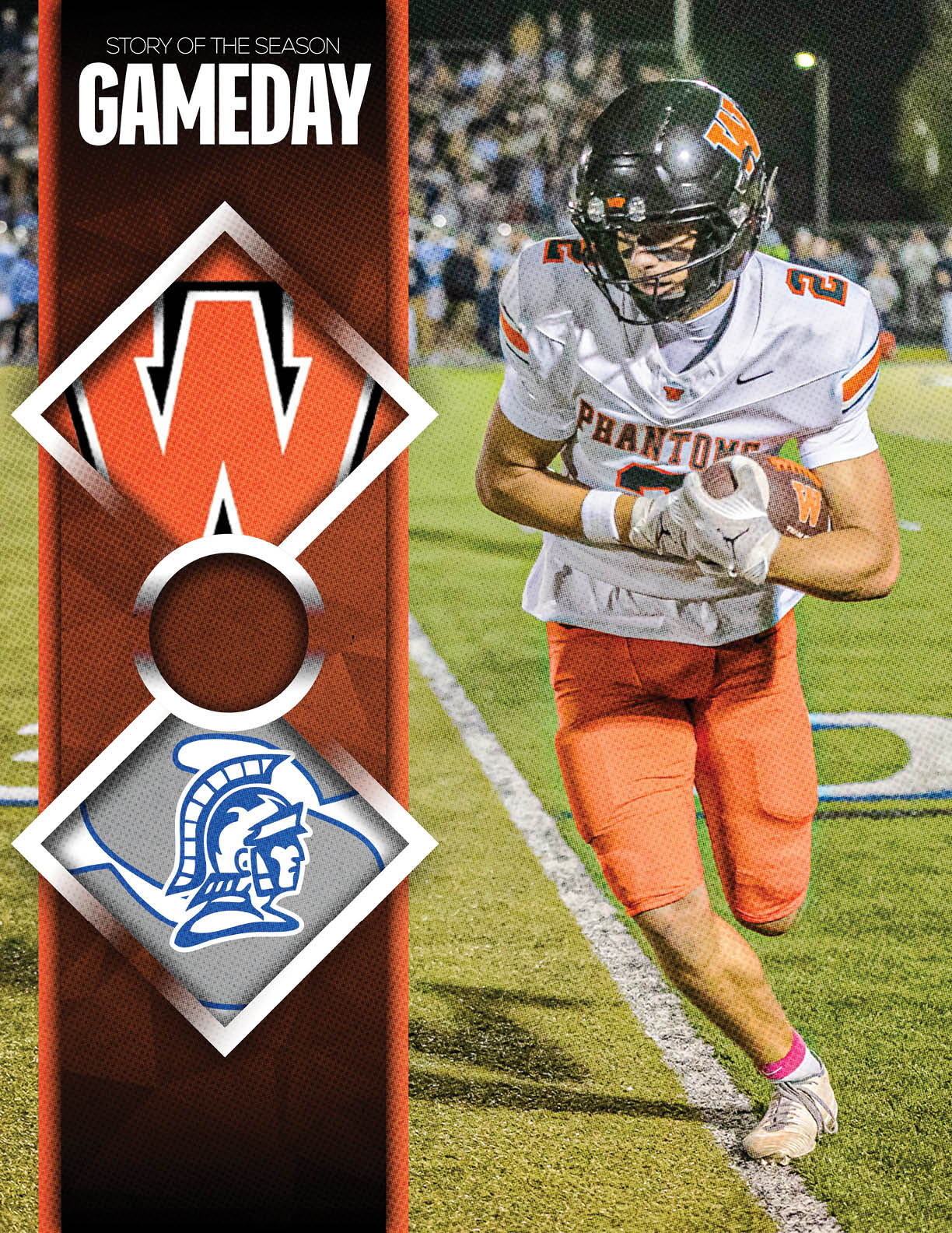 An adult wearing a football uniform with a helmet and gloves is running on a field while holding a football, with a graphic on the left side showing two team logos and the text “GAMEDAY." Description generated by AI