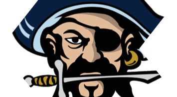 A stylized pirate character with a large hat featuring a skull and crossbones, an eye patch, a mustache, a beard, a gold earring, and a sword held in the mouth. Description generated by AI