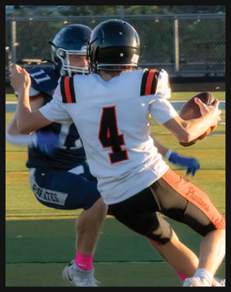 Two people wearing football helmets and uniforms are engaged in a play on a grassy field with a fence and parked cars in the background. Description generated by AI