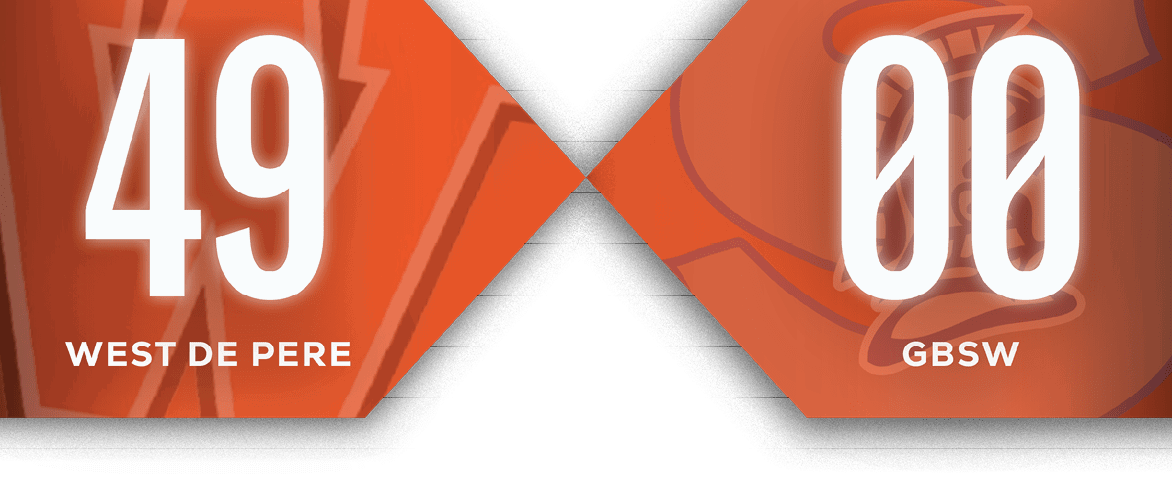 A scoreboard showing a score of 49 for West De Pere and 0 for GBSW with an orange background. Description generated by AI