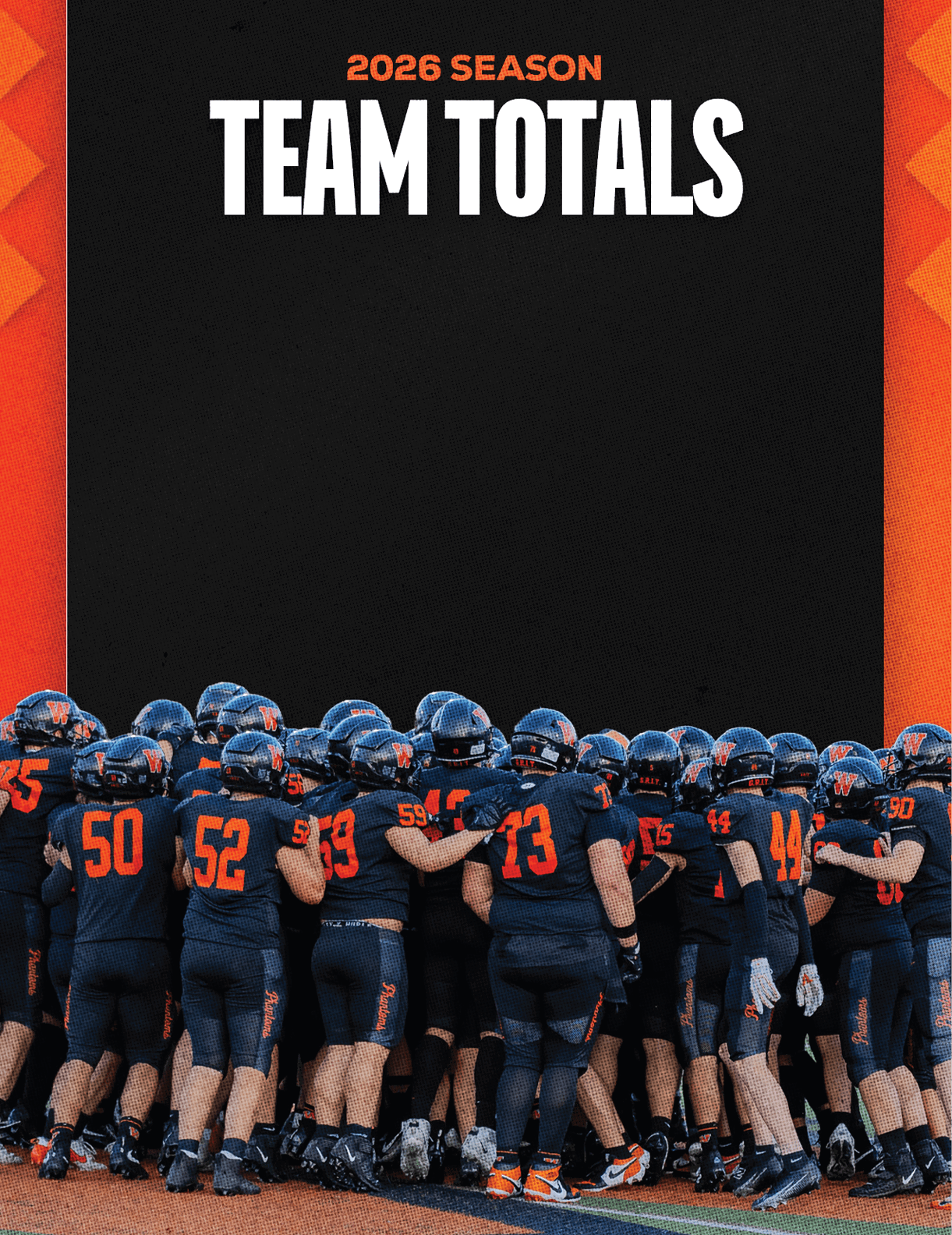 A group of people wearing black and orange football uniforms huddle together under the text “2026 Season Team Totals" on a black and orange background. Description generated by AI