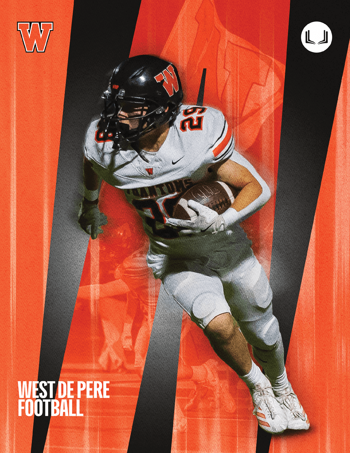 A person in a white football uniform with the number 25 and a black helmet is running with a football against an orange and black background with the text West De Pere Football. Description generated by AI