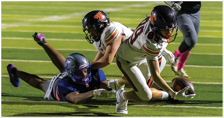 Two people in football uniforms are on a field with one person diving and the other reaching out to catch a football. Description generated by AI