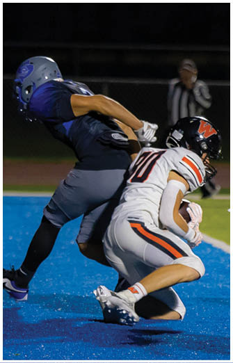 Two people in football uniforms are engaged in a play on a blue field with one person attempting to tackle the other. Description generated by AI