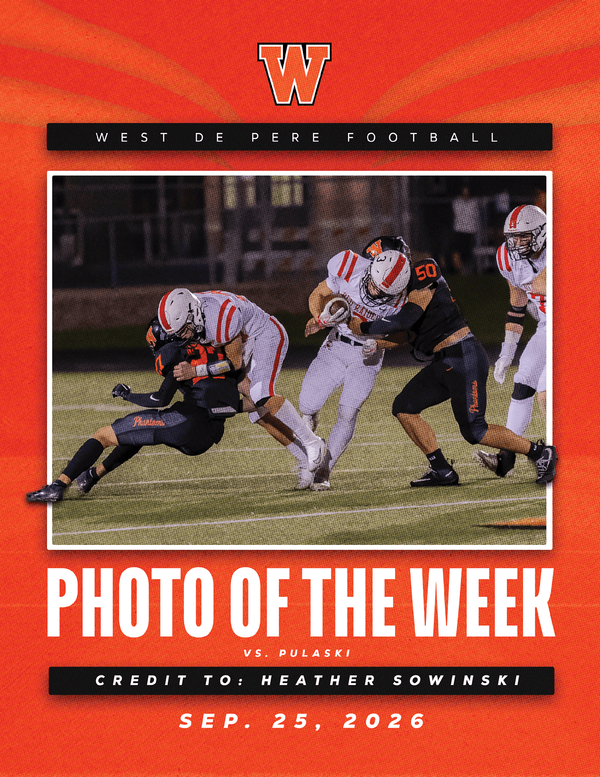 A football player in white uniform is being tackled by two players in black uniforms during a nighttime game on a field with the text indicating it is West De Pere Football's photo of the week versus Pulaski on September 25, 2026. Description generated by AI