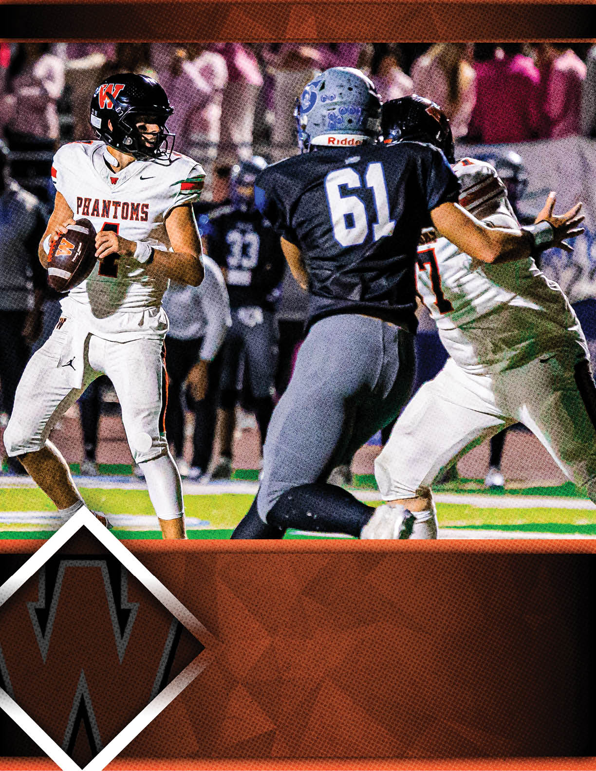 A person in a white football uniform holding a football prepares to throw while another person in a black uniform with the number 61 and a helmet blocks an opponent in a white uniform on a football field. Description generated by AI