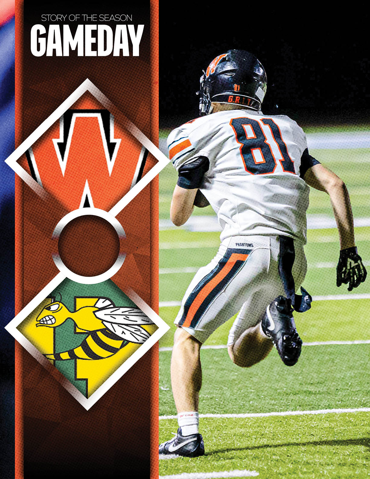 A person wearing a white football uniform with the number 81 is running on a field next to a vertical banner featuring a large orange W and a yellow hornet mascot. Description generated by AI