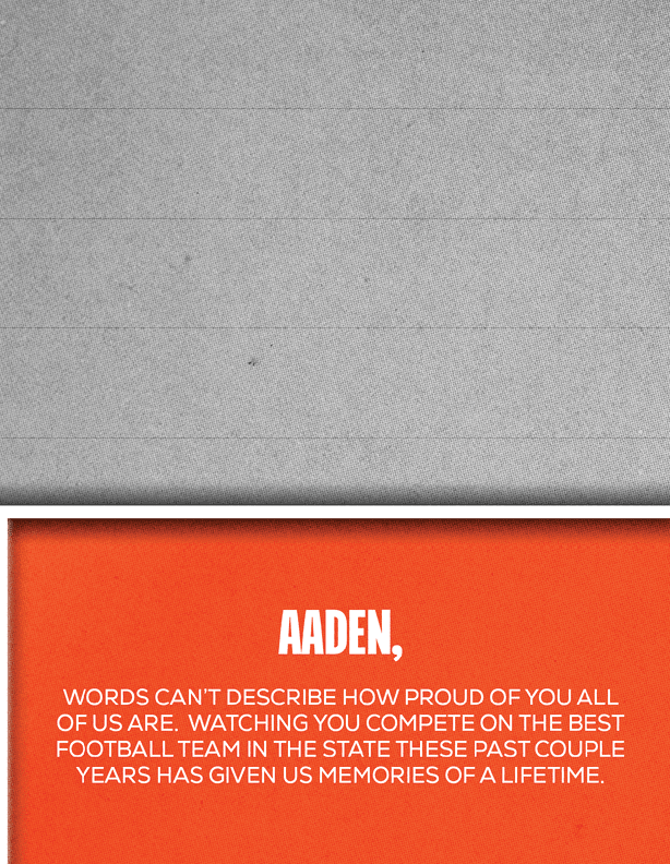 A person wearing a white headband and athletic clothing poses confidently against a green background with a message expressing pride in Aaden for competing on the best football team in the state and cherishing memories from past years. Description generated by AI