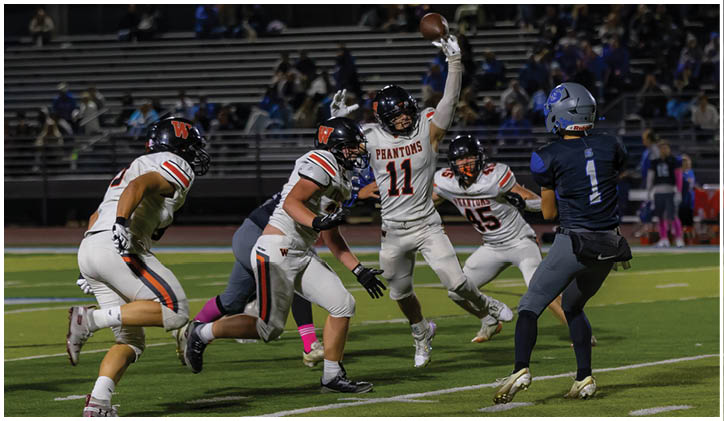 Four athletes in football uniforms are actively engaged on a field with one player in white jumping to catch a football while others in white and dark uniforms move toward them. Description generated by AI