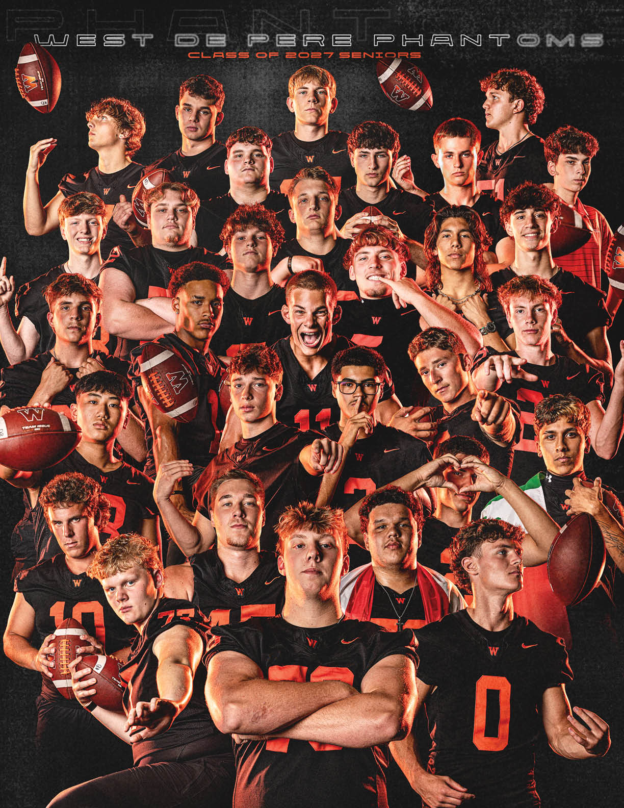 A large group of people wearing matching black and orange sports uniforms pose together with footballs in a dramatic team photo under the text “West De Pere Phantoms Class of 2023-2024." Description generated by AI