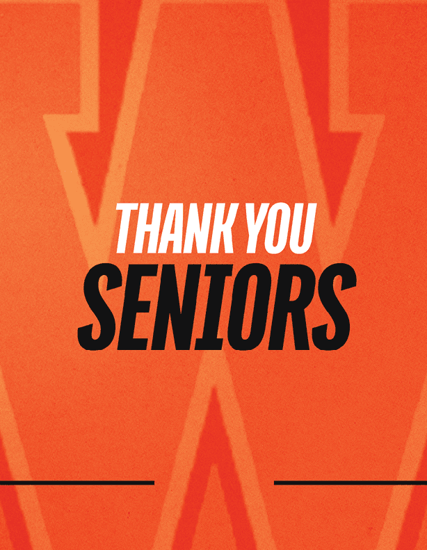 Thank you seniors is written in bold white and black text on an orange background with a large stylized letter W. Description generated by AI