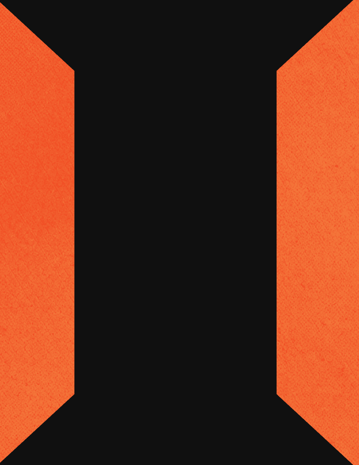 A geometric design featuring a wide vertical black stripe in the center flanked by two orange trapezoid shapes on each side. Description generated by AI