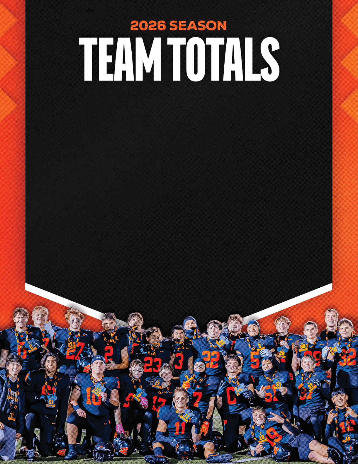 A group of people wearing matching dark sports uniforms with orange and blue accents pose together in front of a black and orange background with the text 2026 Season Team Totals. Description generated by AI