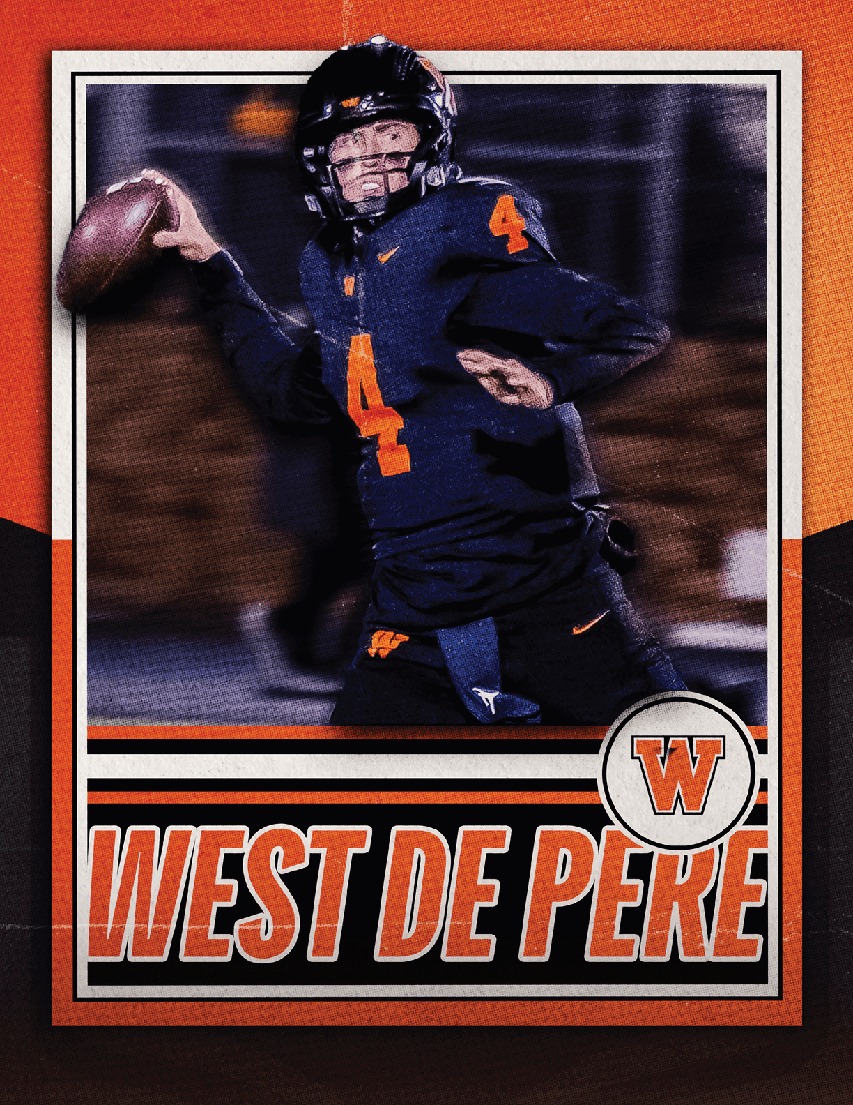 A person wearing a black football uniform with the number 4 is preparing to throw a football on a West De Pere sports card design. Description generated by AI