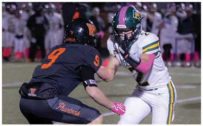 Two people wearing football uniforms and helmets are engaged in a play on a football field with spectators in the background. Description generated by AI