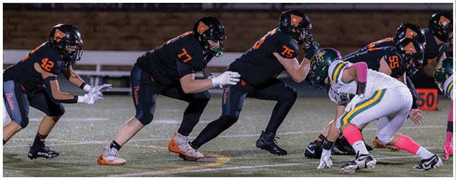 Four people in black football uniforms are lined up on the field facing two people in white and green football uniforms during a game. Description generated by AI