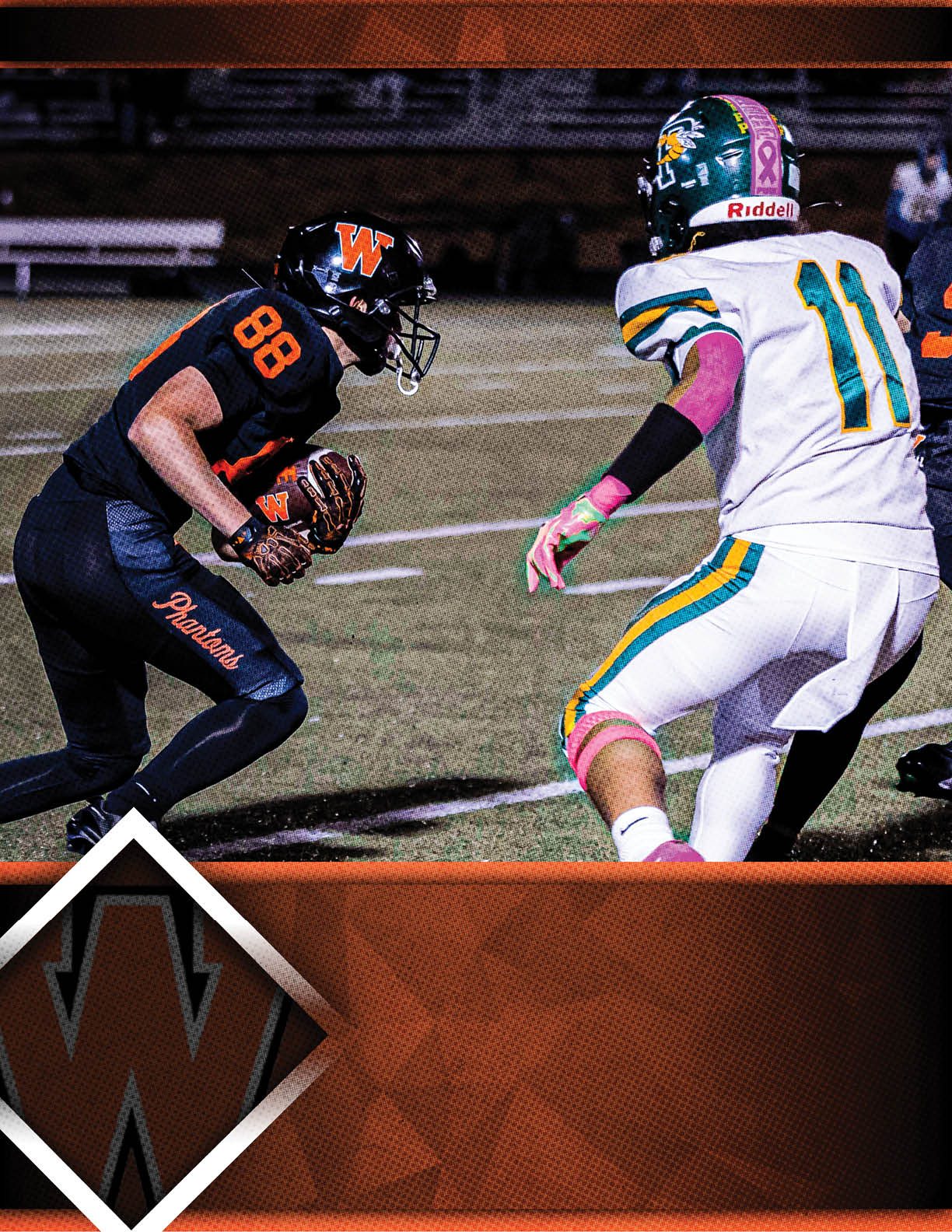 Two people in football uniforms are engaged in a play on a field, with one holding the ball and the other preparing to defend. Description generated by AI