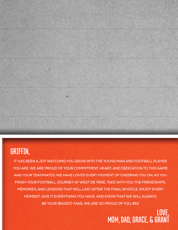 A person wearing a white athletic shirt and headband poses confidently against a green background with a heartfelt message from family expressing pride and encouragement for their football achievements. Description generated by AI