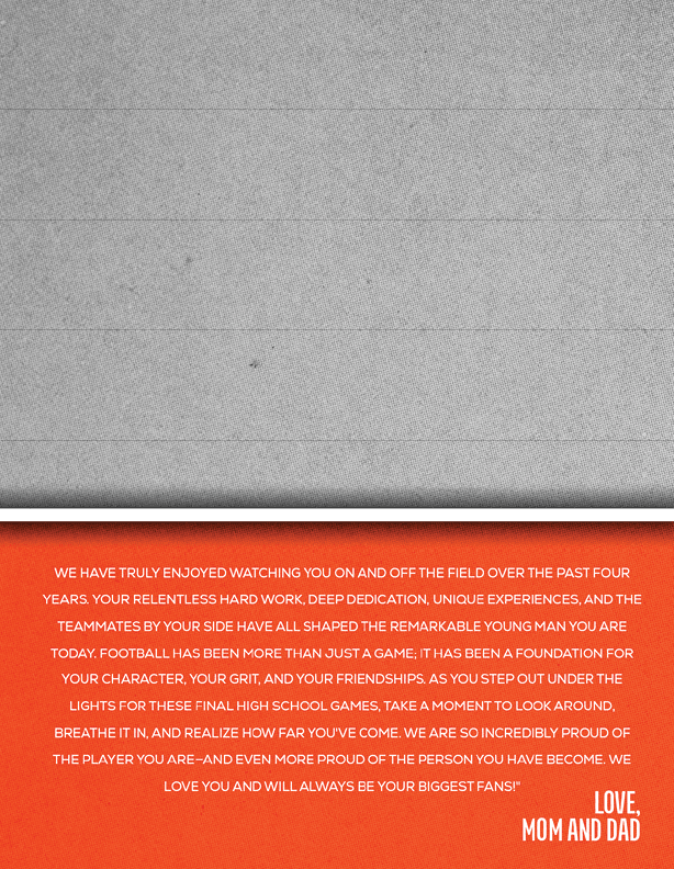 A heartfelt message from parents expressing pride, love, and gratitude for their child's hard work, dedication, and achievements over the past four years. Description generated by AI
