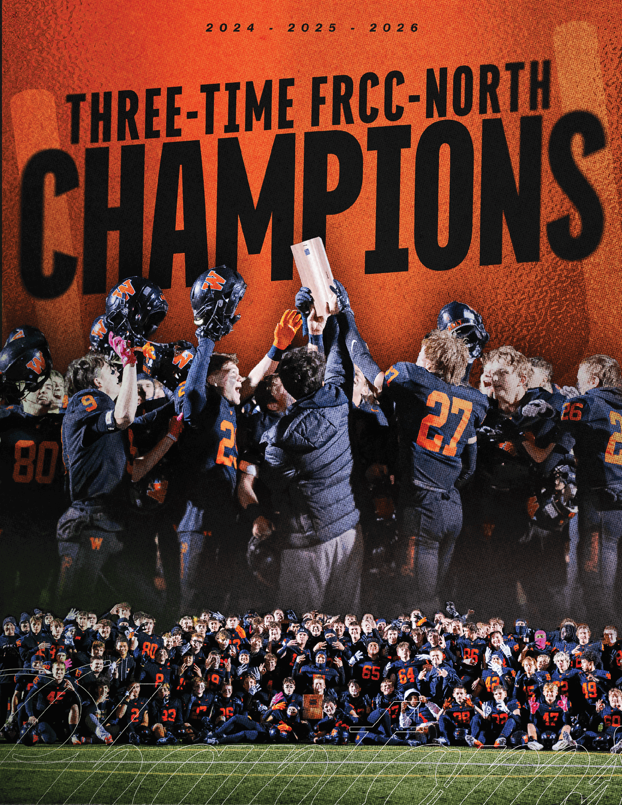 A large group of football players in black uniforms celebrate on a field with some holding helmets and a trophy under bold text announcing them as three-time FRCC-North champions for 2024, 2025, and 2026. Description generated by AI