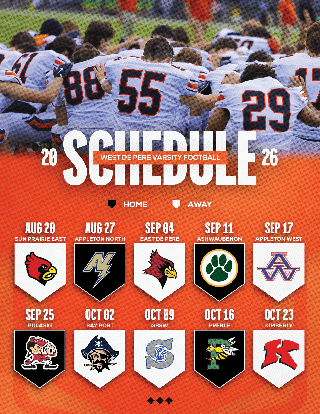 A sports schedule graphic for the 2026 West De Pere Varsity Football team with a background of players in white and orange uniforms huddled together. Description generated by AI