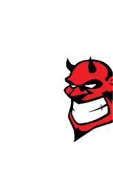 A stylized red devil head with black horns, sharp features, and a wide, toothy grin in a bold cartoon style. Descripci n generada con IA