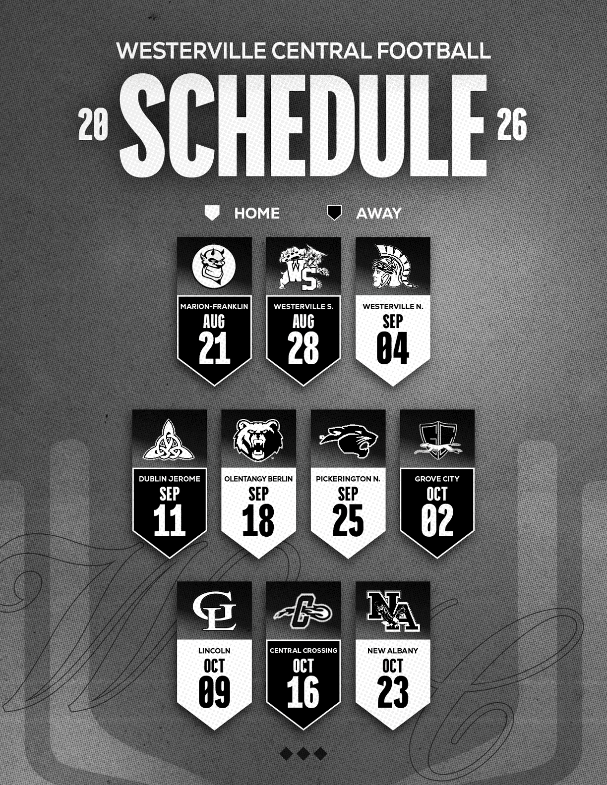 Westerville Central Football 2026 schedule displayed with team logos and dates for home and away games in a black and white graphic design. Descripci n generada con IA