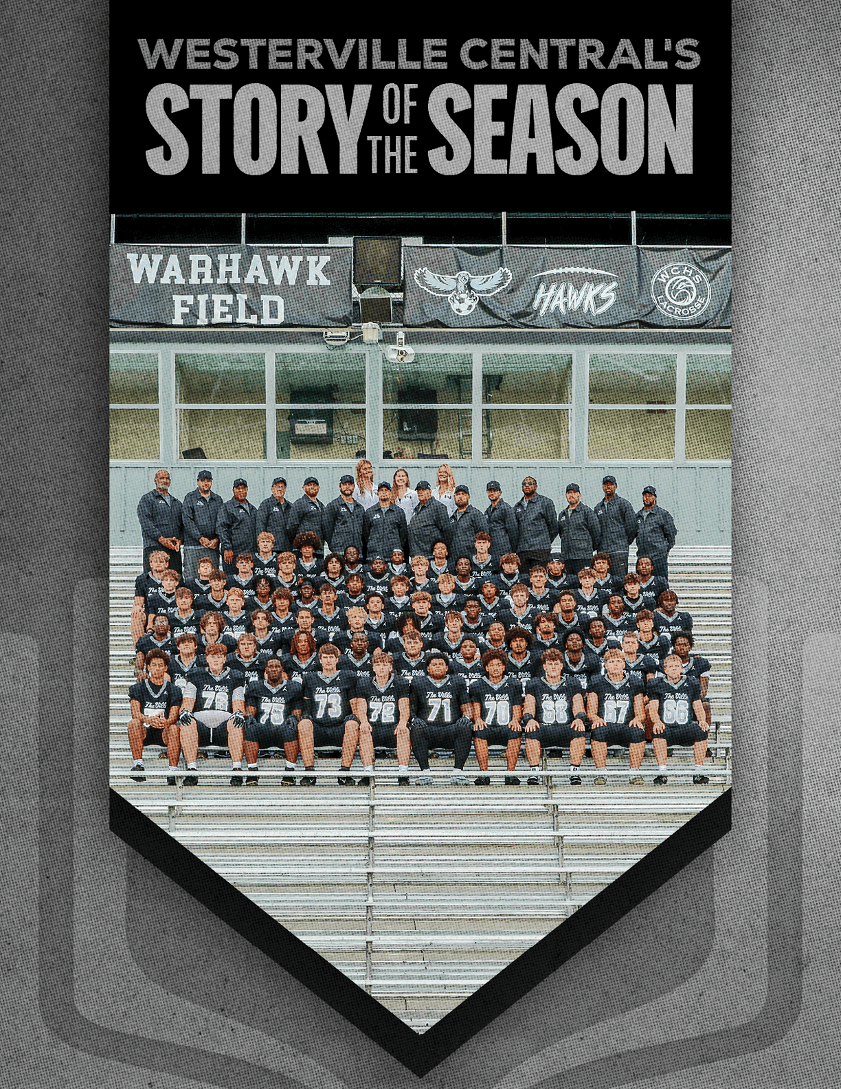 A large group of people wearing matching sports uniforms and jackets are seated and standing on bleachers at Warhawk Field under a banner that reads Westerville Central's Story of the Season. Descripci n generada con IA