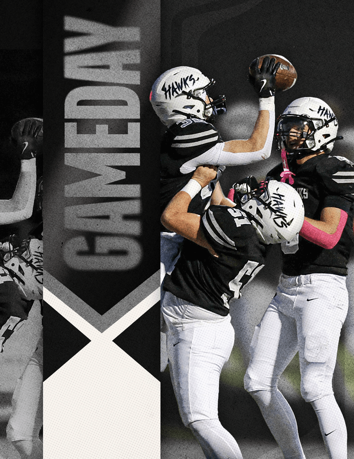 Three football players in black and white uniforms celebrate a play on a field with the word GAMEDAY displayed vertically beside them. Descripci n generada con IA