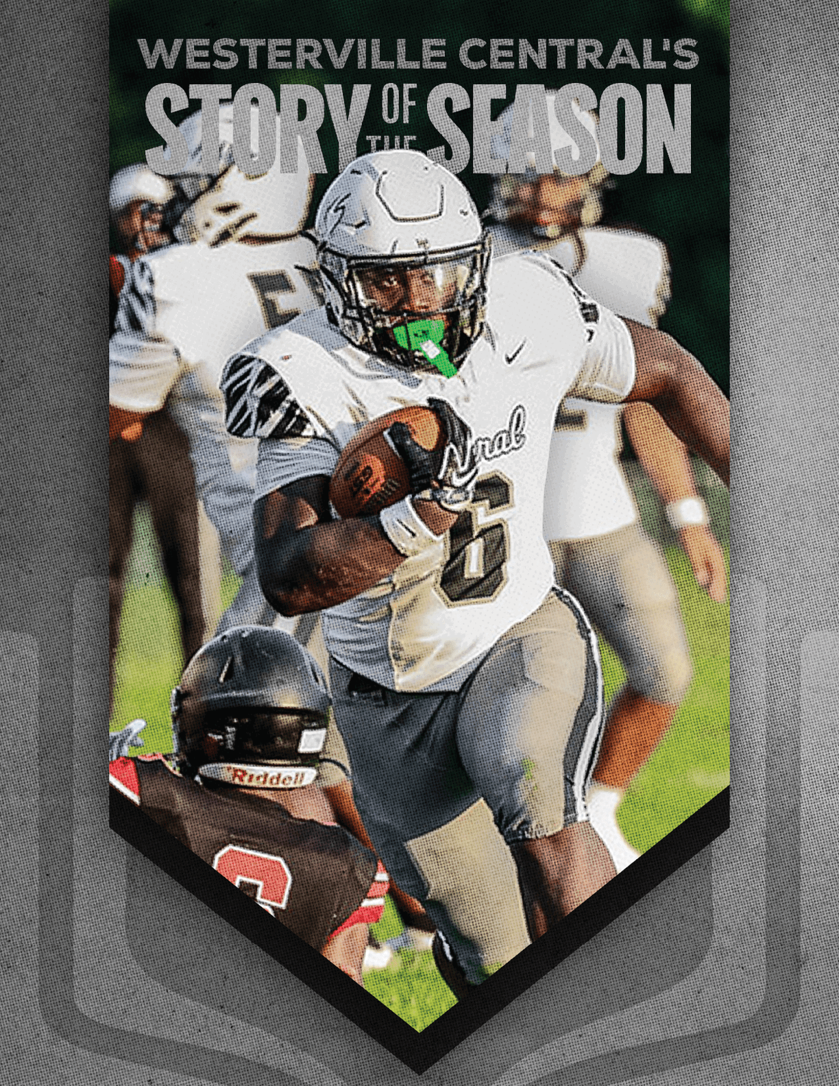 A person in a white and gray football uniform with a green mouthguard is running with a football while another person in a black and red uniform attempts to tackle them on a grassy field with other players in the background. Descripci n generada con IA