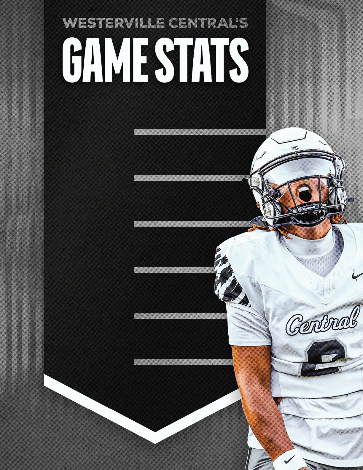 A person in a white football uniform and helmet is shouting with excitement next to a black banner displaying the text “Westerville Central's Game Stats." Descripci n generada con IA