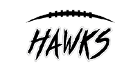 The word “HAWKS" is written in bold, jagged black letters beneath a stylized black football shape. Descripci n generada con IA