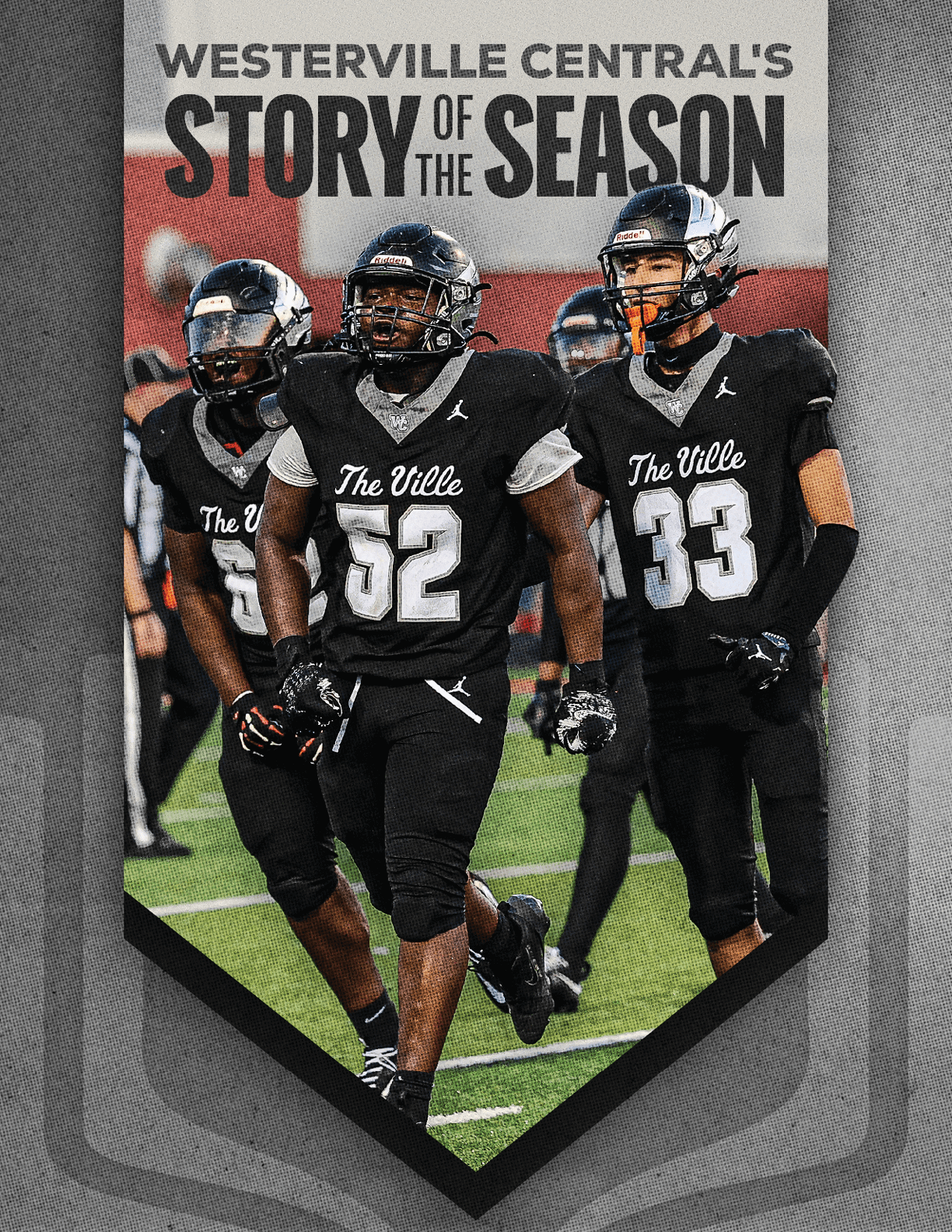 Three people in black football uniforms with helmets are walking on a field under the text “Westerville Central's Story of the Season." Descripci n generada con IA