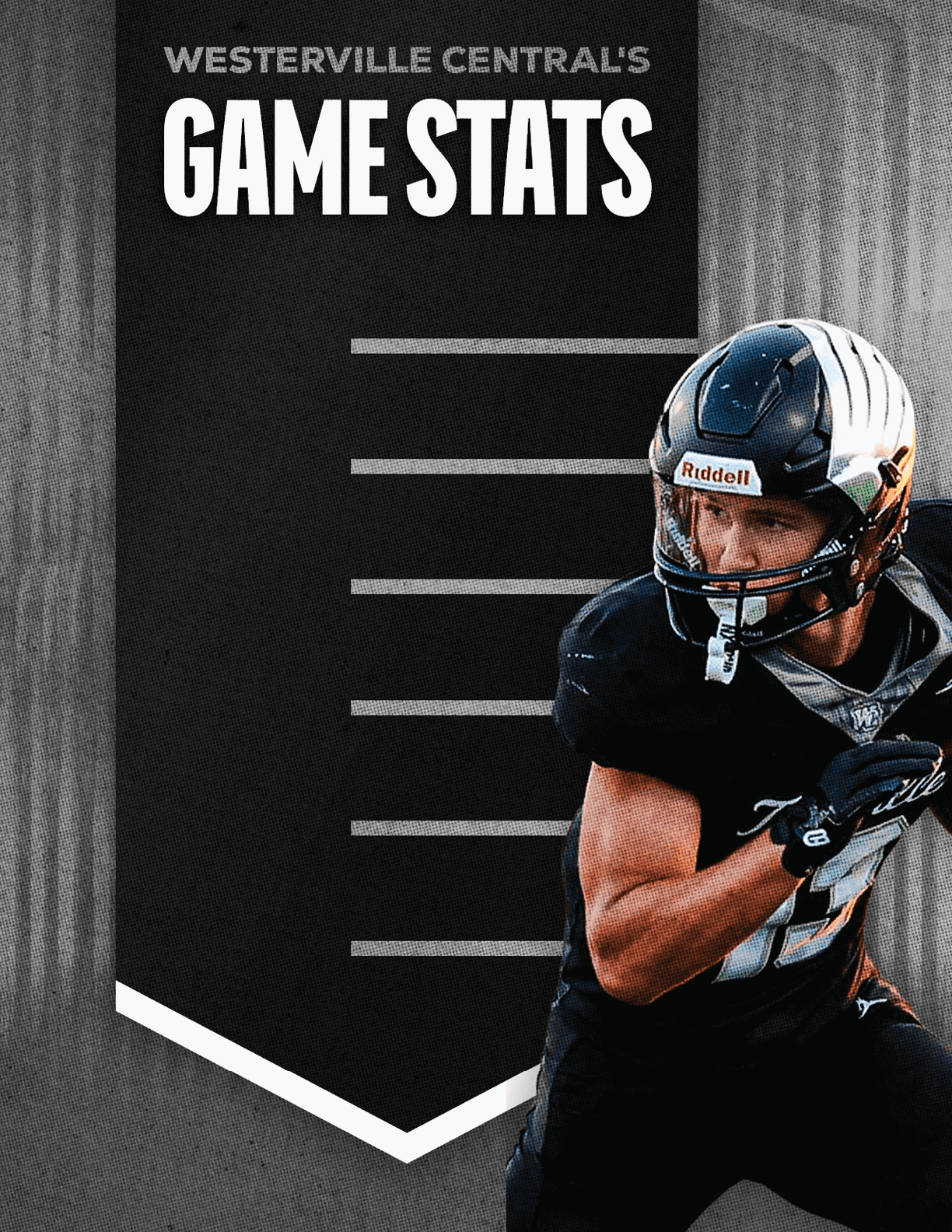 A person in a white football uniform and helmet is shouting with excitement next to a black banner displaying the text “Westerville Central's Game Stats." Descripci n generada con IA