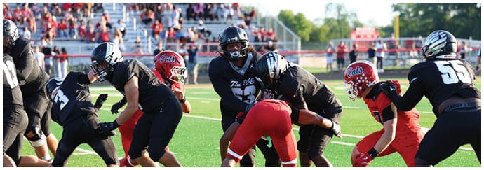 People wearing helmets and football uniforms are engaged in a play on a green field with spectators in the background. Descripci n generada con IA