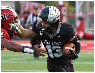A person wearing a black football uniform with the number 13 and the words The Ville is running on a field while holding a football. Descripci n generada con IA