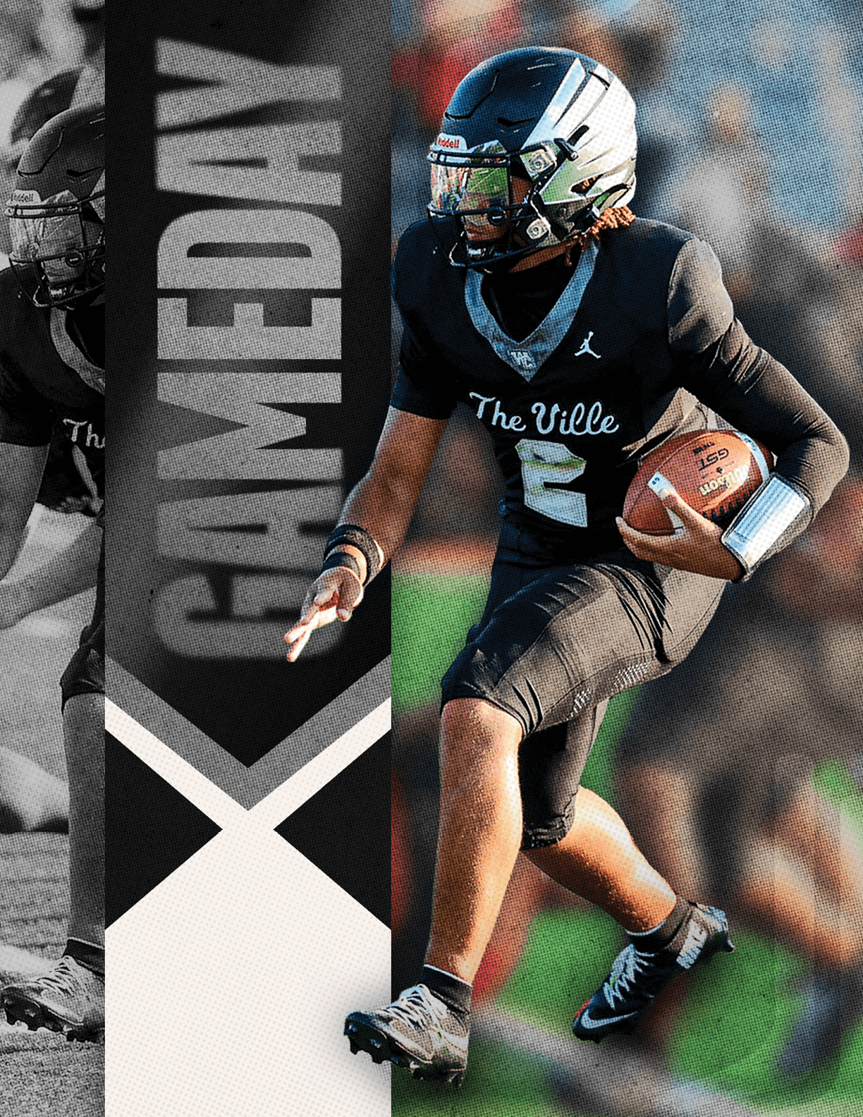 A person in a football uniform with the number 19 is running with a football on a field next to a vertical banner that reads “GAMEDAY." Descripci n generada con IA