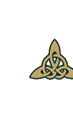 An intricate, symmetrical Celtic knot design with interwoven loops forming a triangular shape in muted gold and dark green colors. Descripci n generada con IA