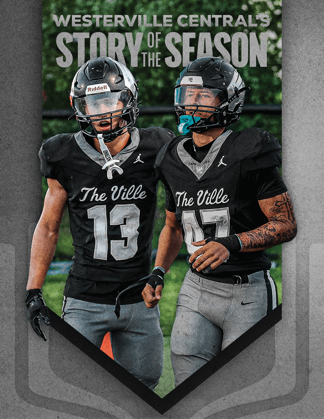 Two people wearing black football uniforms with helmets stand side by side on a field under the text “Westerville Central's Story of the Season." Descripci n generada con IA